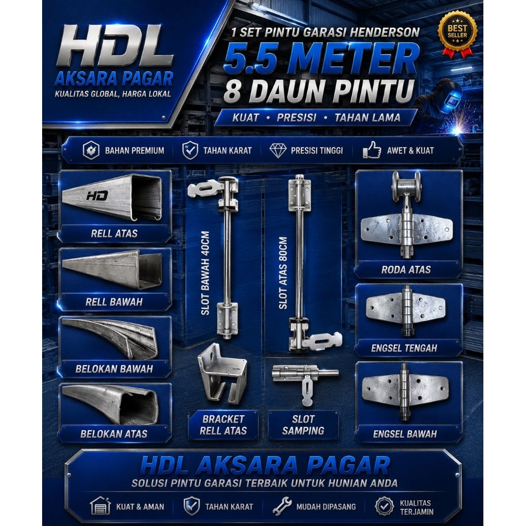 Set Rel Pintu Garasi Henderson Panjang 5.5 Meter 8 Daun Pintu Full Aksesoris