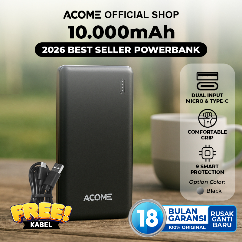 [READY] ACOME Powerbank PB 10000mAh 2.1A Dual Port Micro & Type-C Powerbank Travel Friendly AP108 AC