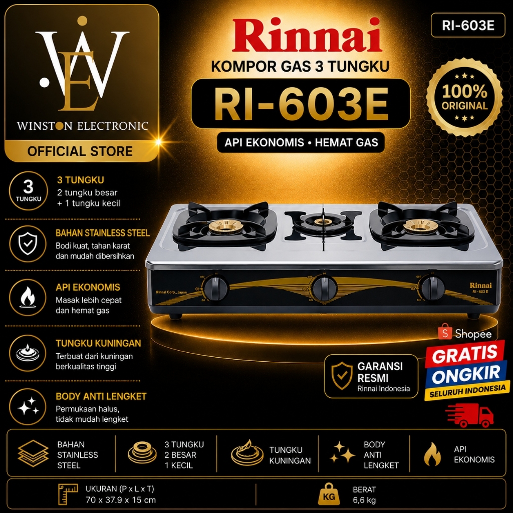 KOMPOR GAS RINNAI  3 TUNGKU RI 603 E/RI603E/RI603 E/RI 603E/RI-603E/RI-603 E/ ORIGINAL GARANSI RESMI
