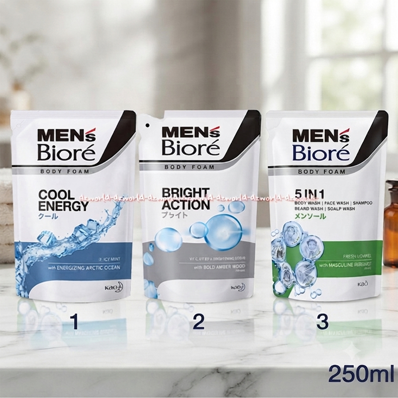 Men's Biore 250ml Body Foam Sabun mandi Cair Pria Refill Kemasan Pouch Cool Energy Icy Mint Bright A