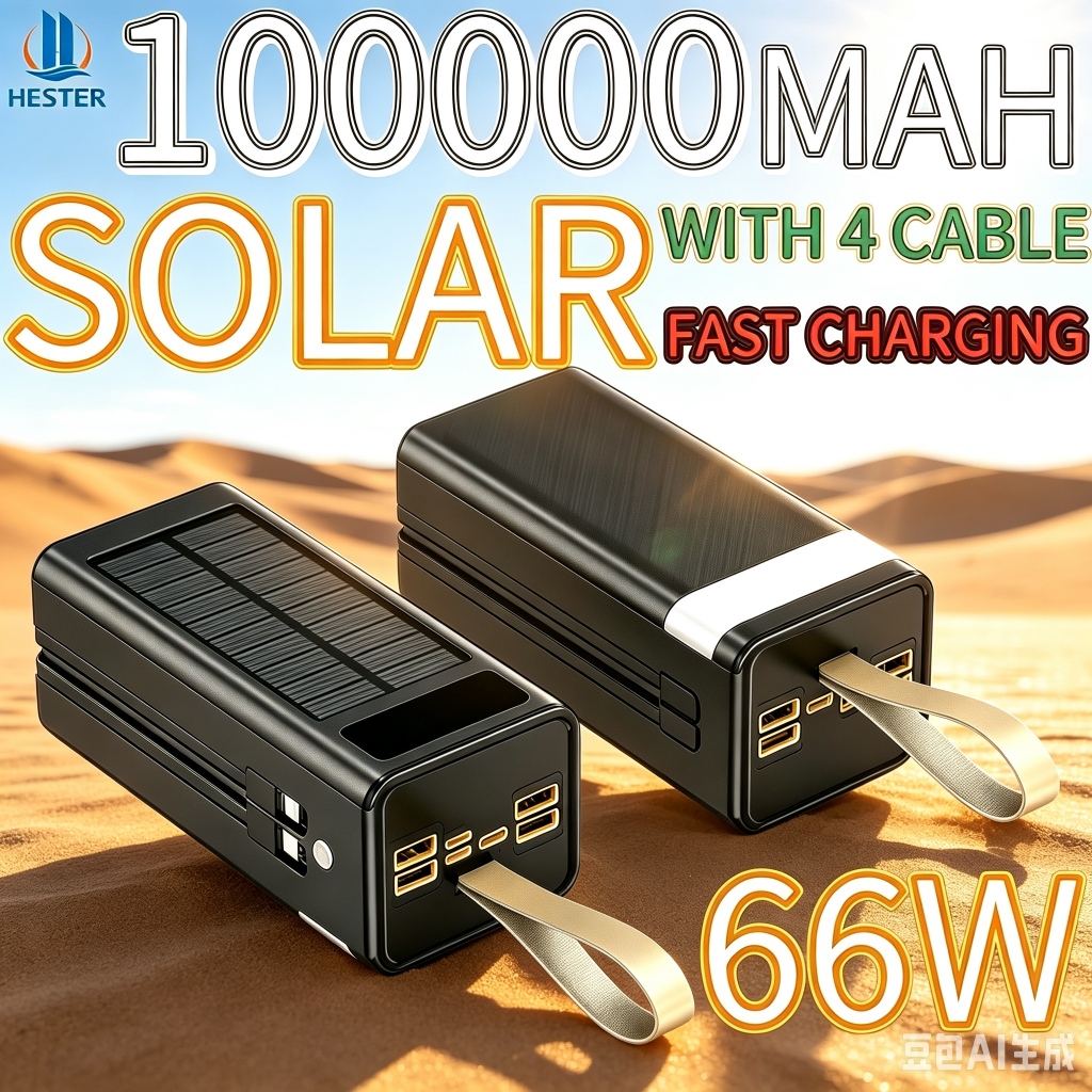 HESTER 66W powerbank 100000mah 4 cable fast charging powerbank real capacity solar power bank 100000
