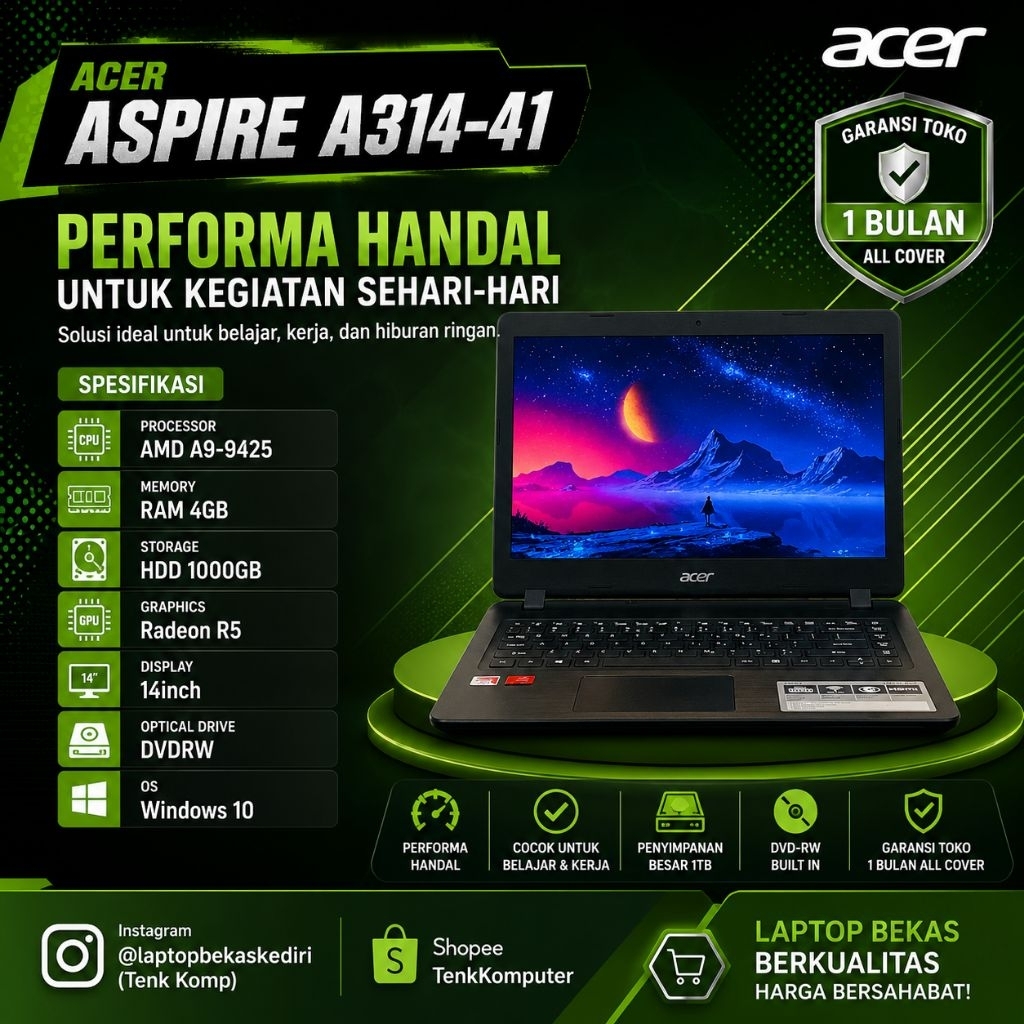 Laptop Bekas Acer Aspire A314-41 (14inch) AMD A9-9425 | 4GB / HDD 1TB | Windows 10
