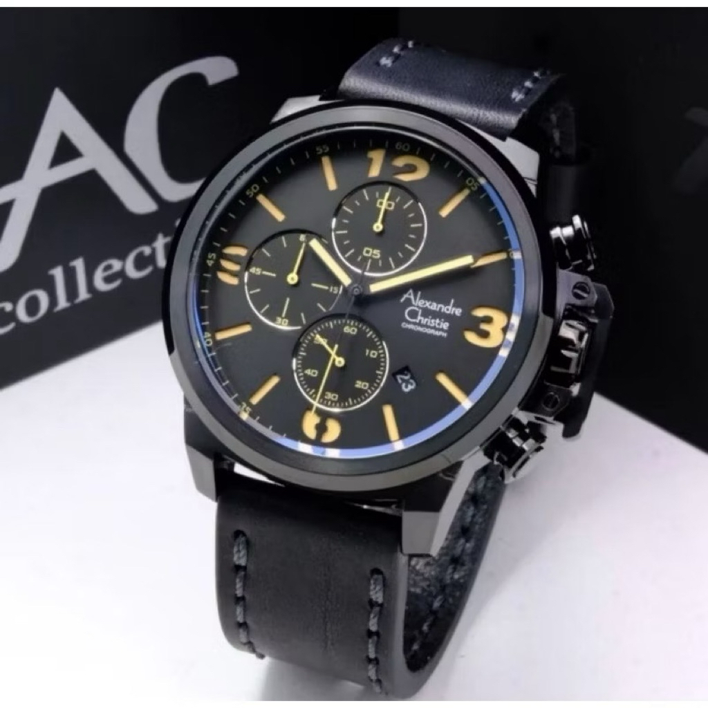 Alexandre Christie AC 6280 MC AC6280 AC6280MC FULL HITAM Man Sport Black Dial Brown Leather Strap