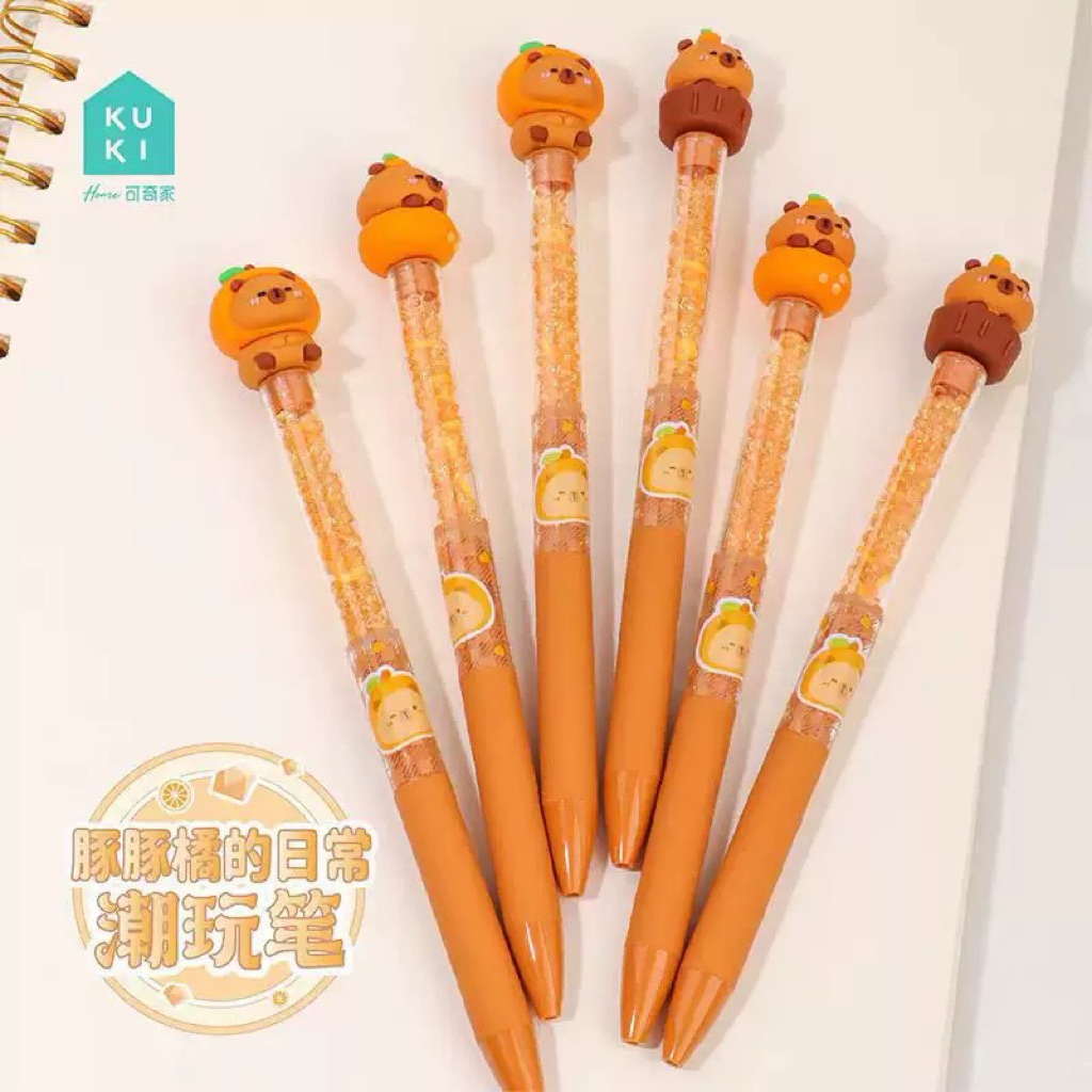[SALE] Pulpen Capybara KUKI Glitter | Gel Pen 0.5 mm Tinta Hitam | Pulpen Estetik Lucu