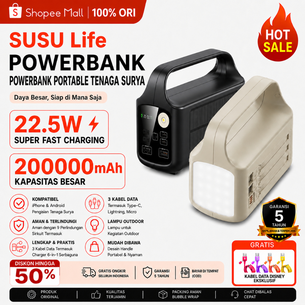 SUSU Life Powerbank Fast Charging /Android Magsafe Robot 22.5W 100% 600000mah Solar Panel Lampu Kema