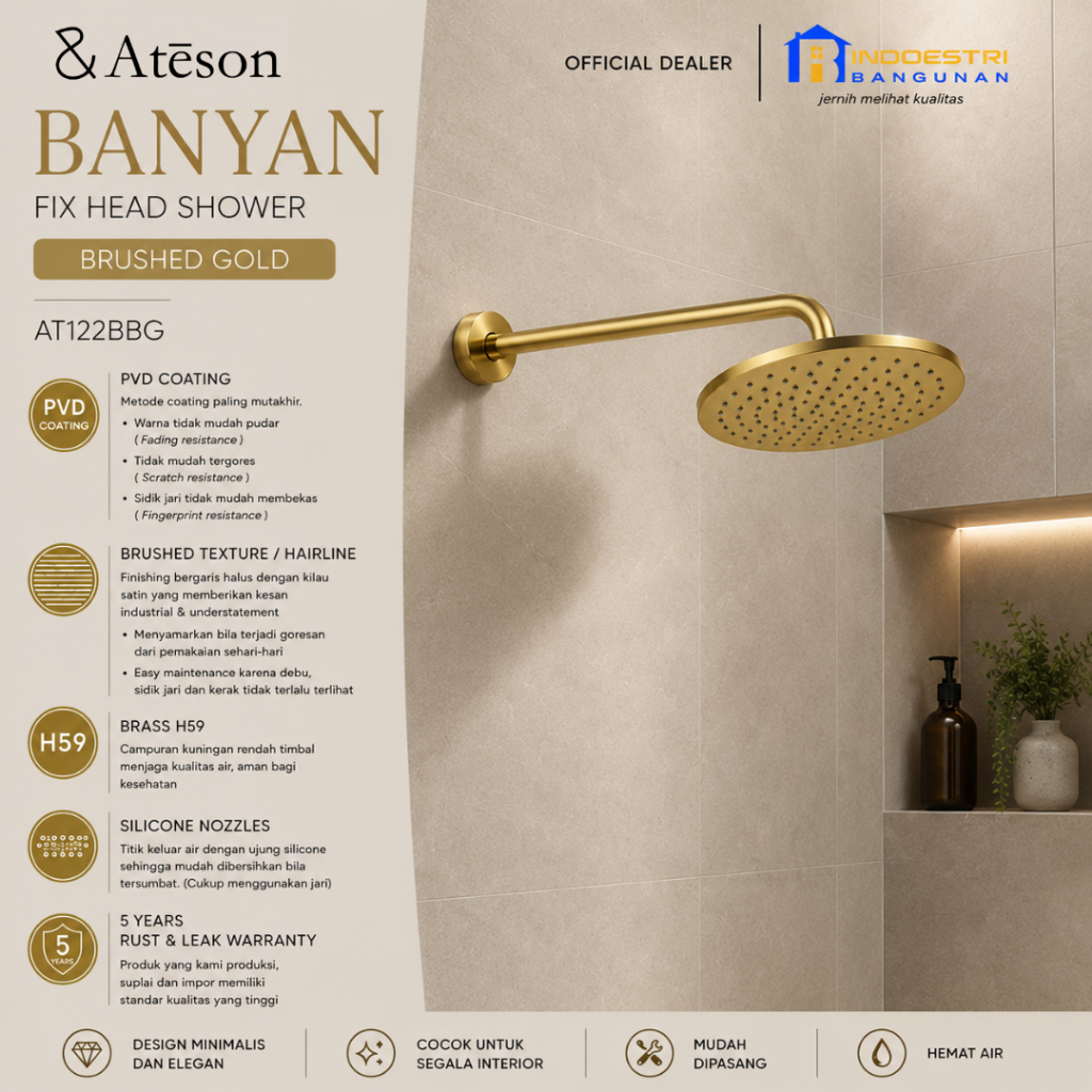 Head Shower ATESON BANYAN AT122BBG Brushed Gold / ATESON Banyan Fix Head Shower Brushed Gold