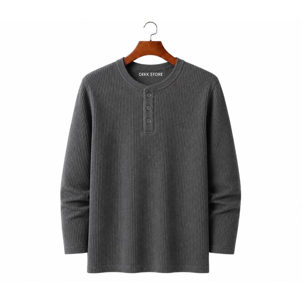 KAOS KANCING HENLEY WAFFLE KNIT LENGAN PANJANG/KAOS KANCING KNIT PRIA POLOS