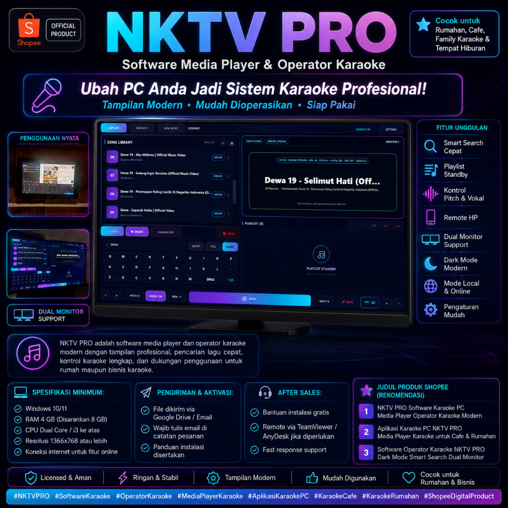 NKTV PRO Software Karaoke PC Windows | Media Player Operator Karaoke | Dual Monitor Remote HP