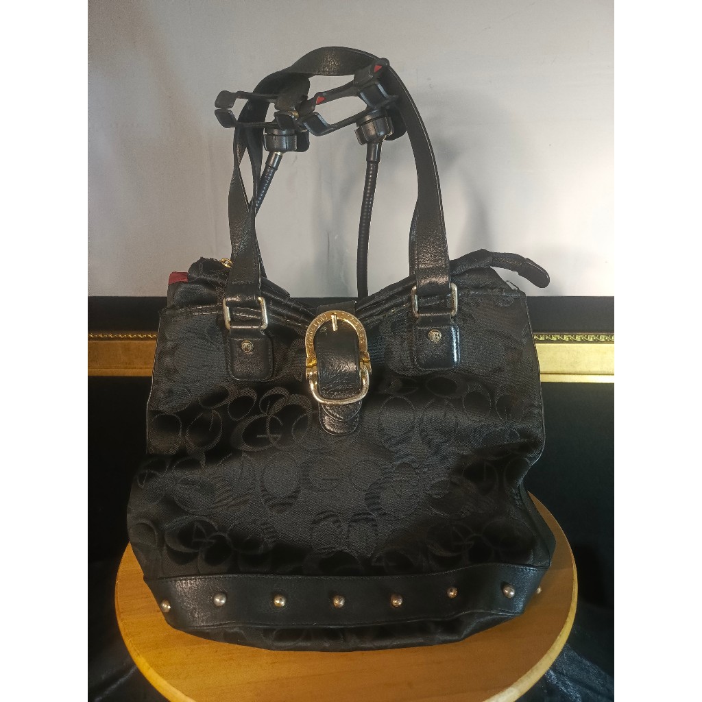 Gobelini Firenze Black Monogram Large Tote Shoulder Bag Gold Buckle Preloved Original