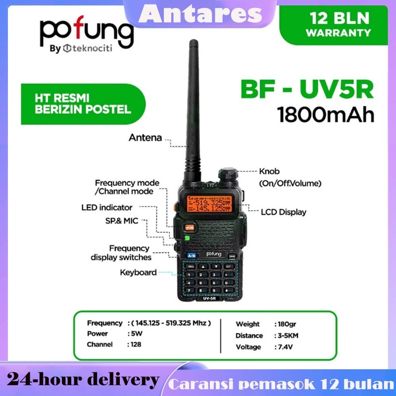 POFUNG UV5R Walkie Talkie UV 5R Dual Band 5W 15KM 128CH UHF+VHF HT PF UV5R HT Jarak Jauh 15 km
