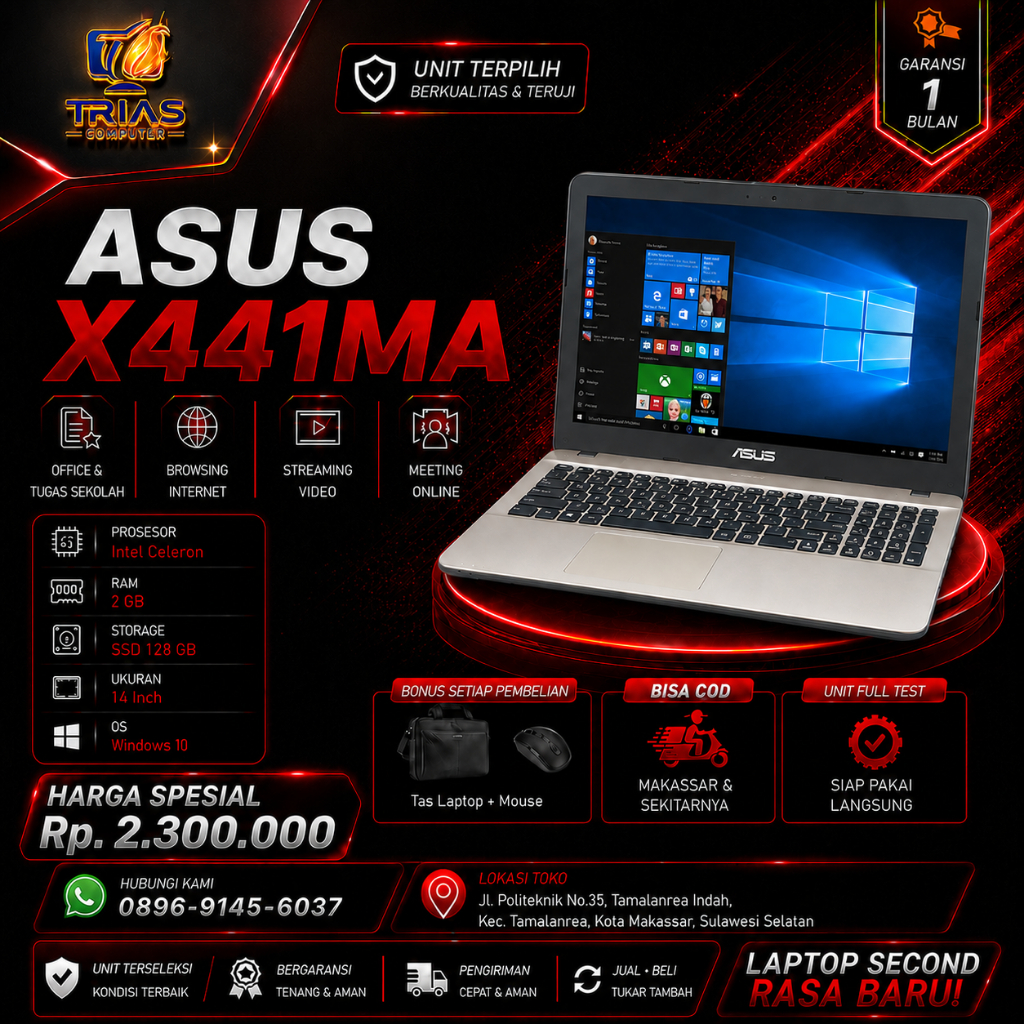 Laptop ASUS X441MA Intel Celeron RAM 2GB SSD 128 GB 14 Inch | Laptop Second Bergaransi Siap Pakai