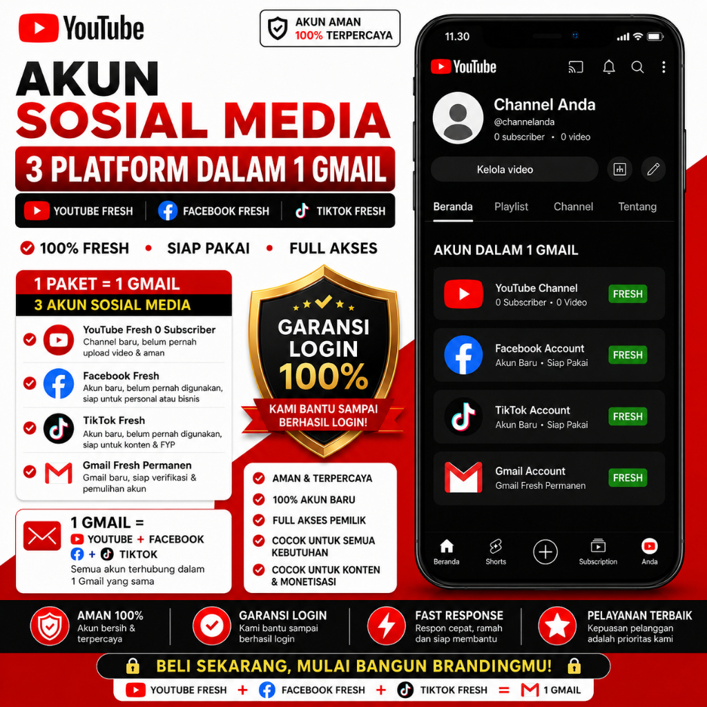 PAKET AKUN SOSIAL MEDIA FRESH  YOUTUBE + FACEBOOK + TIKTOK  1 GMAIL  FULL AKSES  GARANSI LOGIN