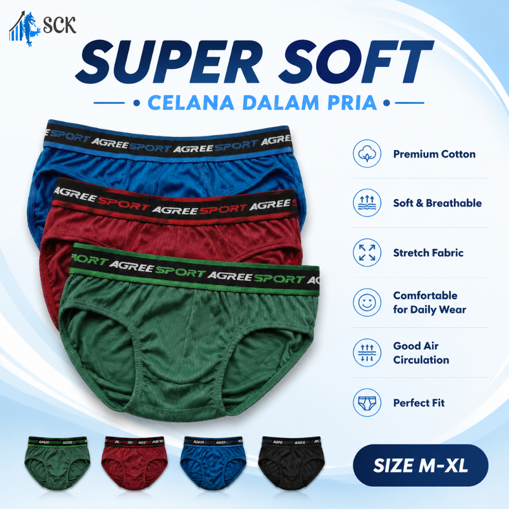 [ISI 3] Celana Dalam Pria AGREE (2308 2311) Model Boxer Elastis Katun Polyester Sporty - Boxer Pria 