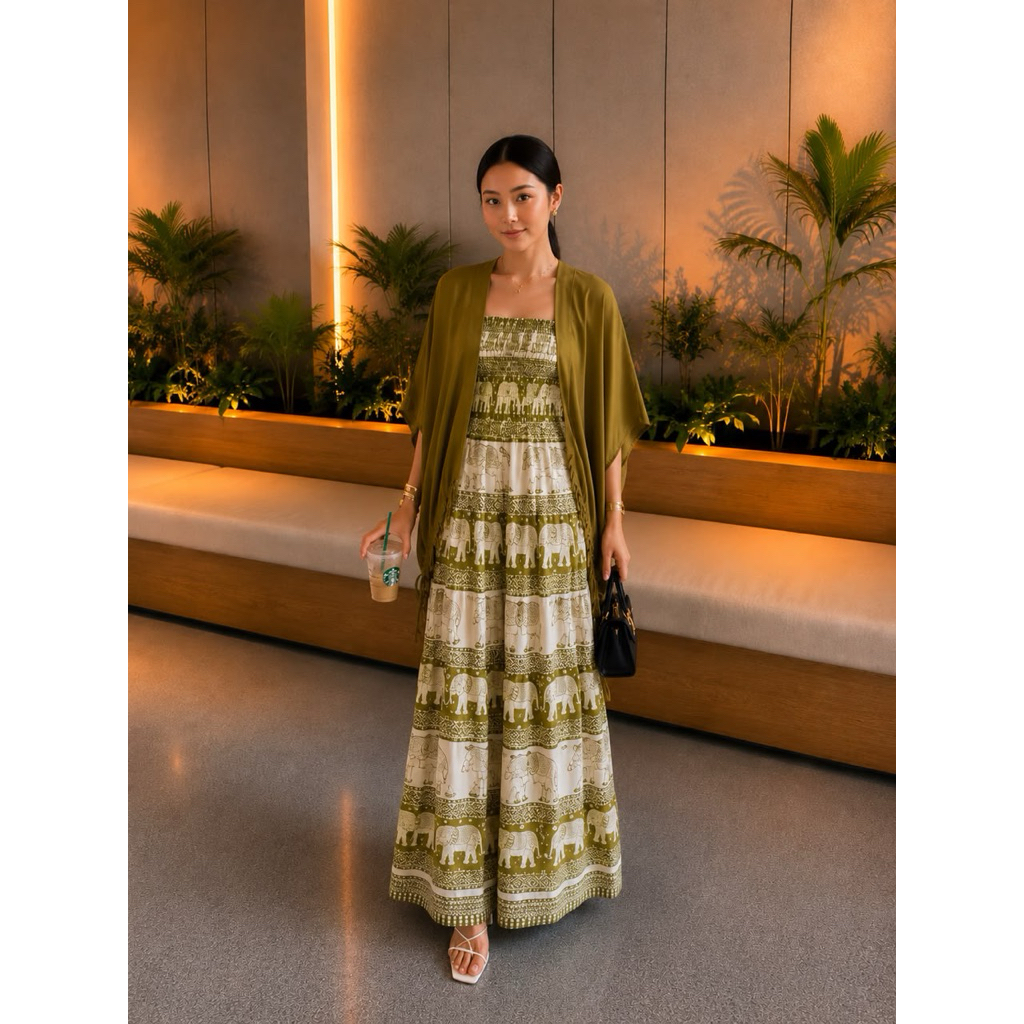 Setelan Dress Kerut Gajah Outer Bali