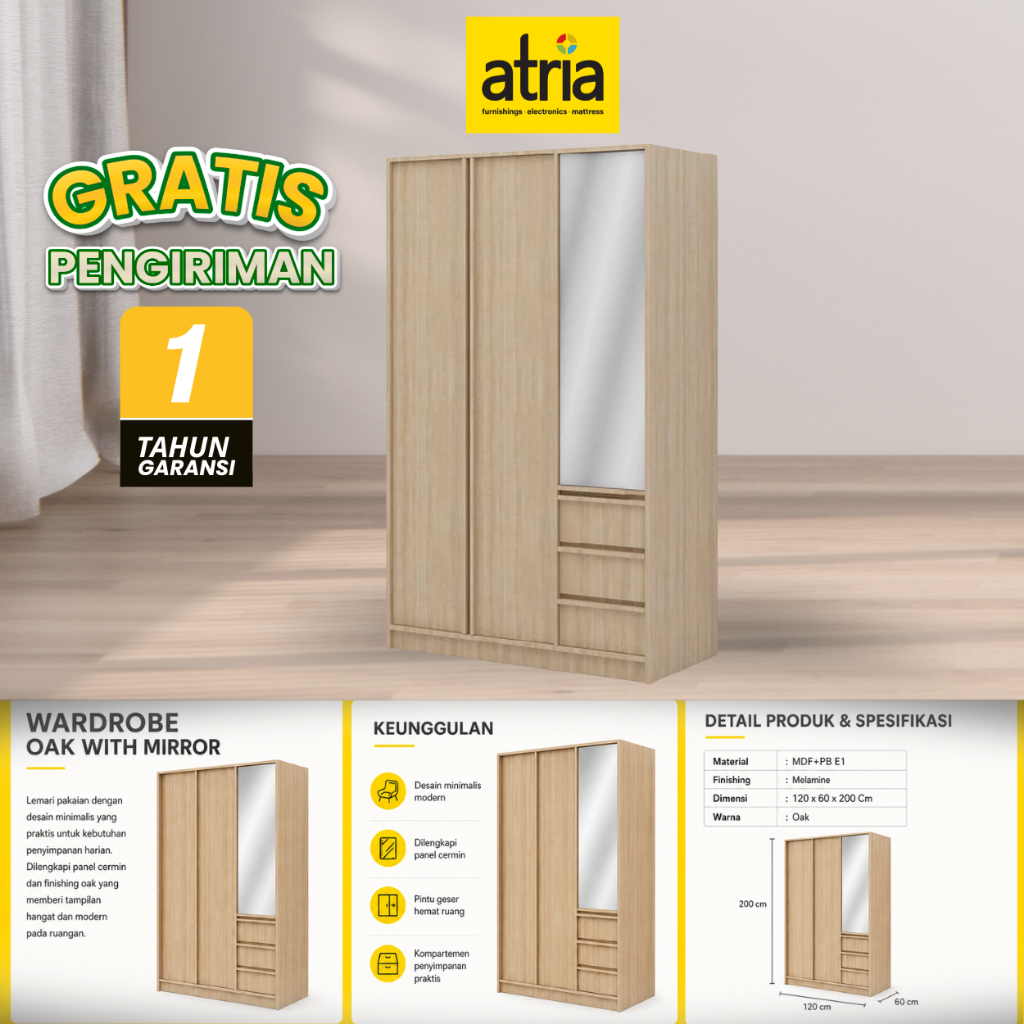 Atria Lemari Pakaian Satoshi 3Pintu OAK