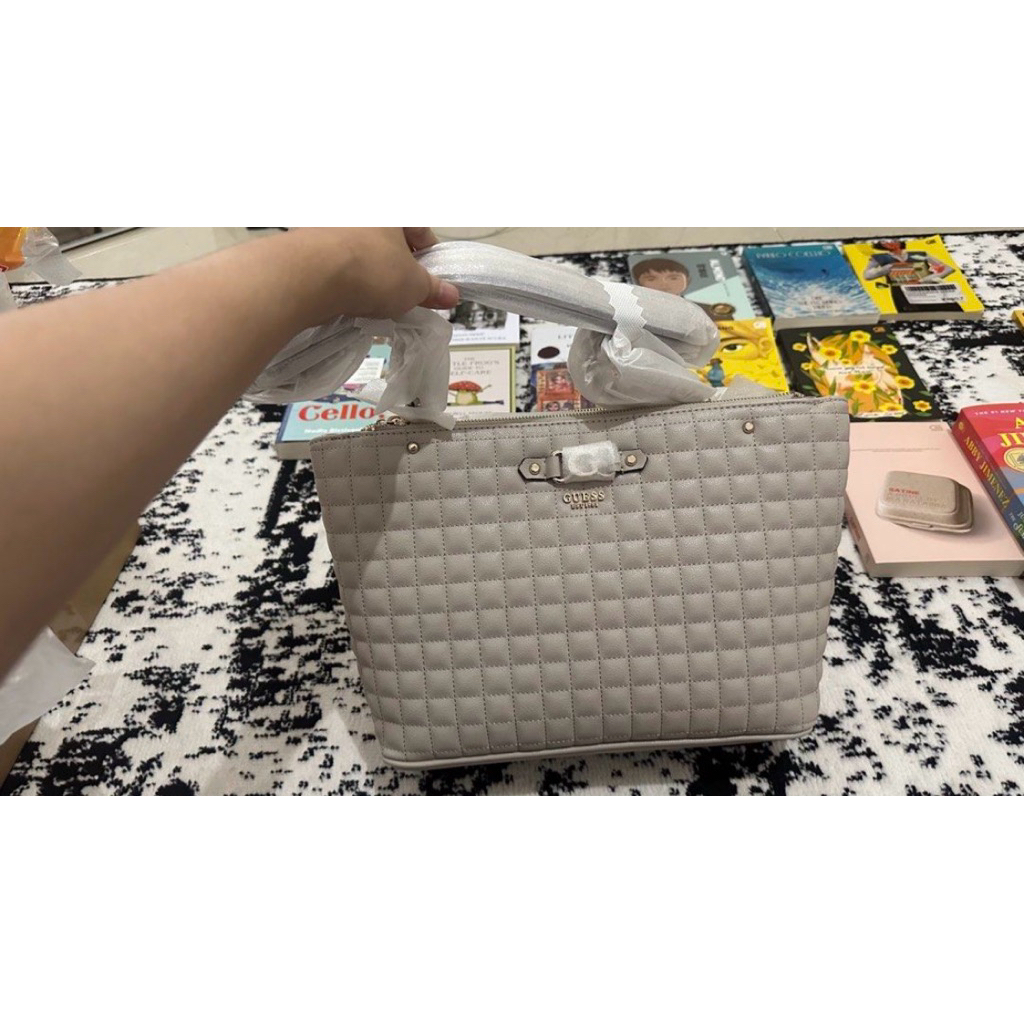 GUESS Nadira Status Tote Bag (Light Taupe)