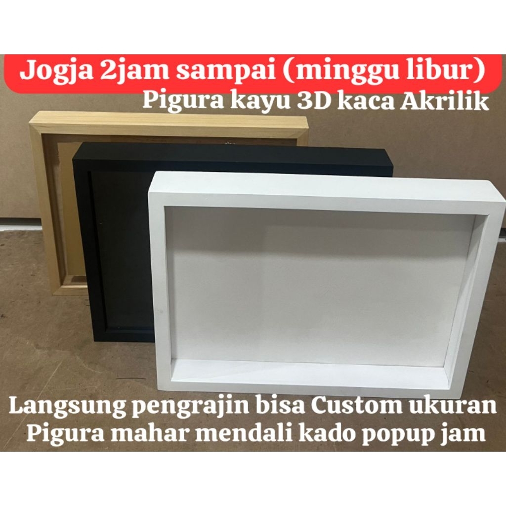 Pigura Mahar 3d kayu cat putih hitam Natural+akrilik anti pecah