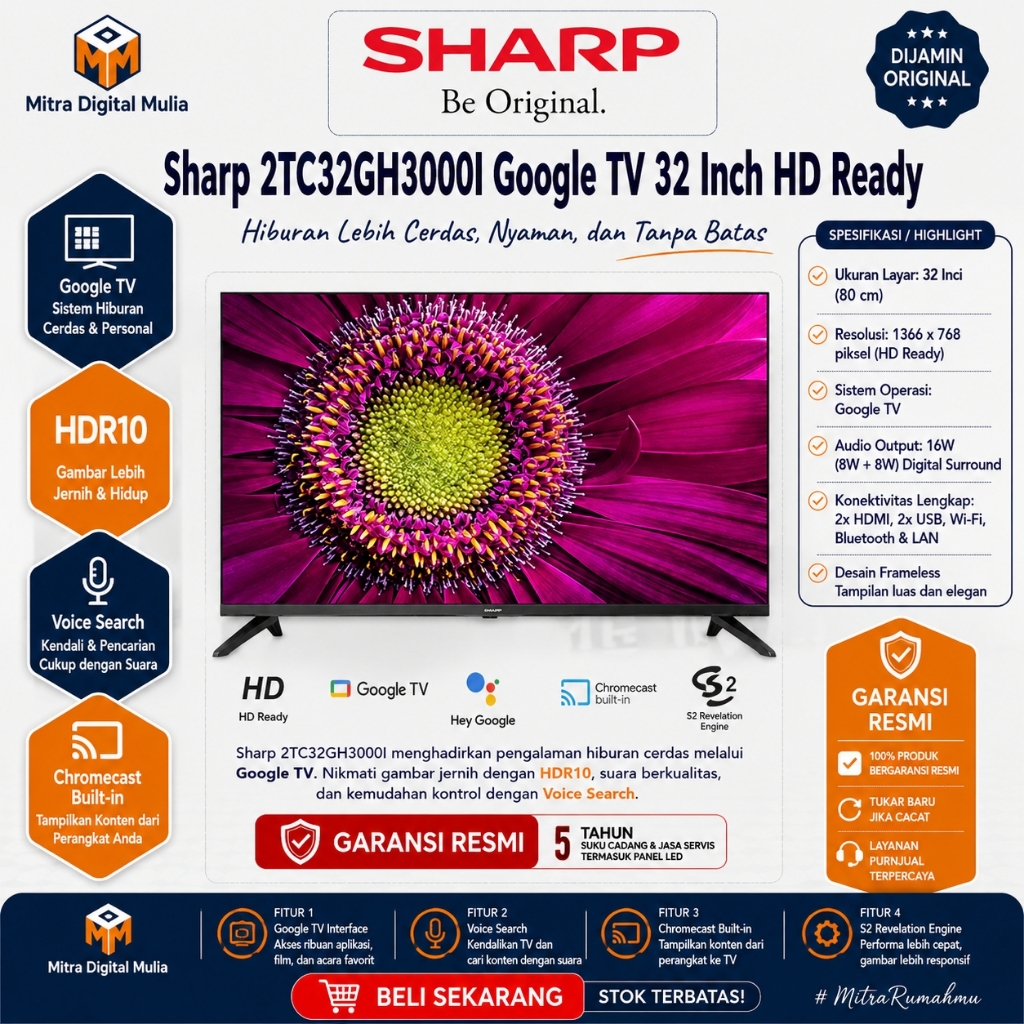 Sharp 2TC32GH3000I LED TV 32 Inch HD Ready Frameless Design Google TV with Google Assistant Built-in