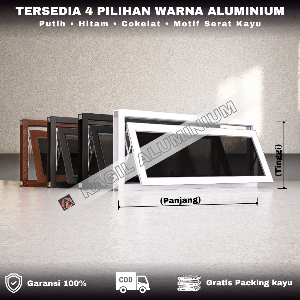 Jendela Aluminium Boven 1 Daun Jungkit Casement Polos Tinggi 50 cm x Panjang 100 cm (50x100)