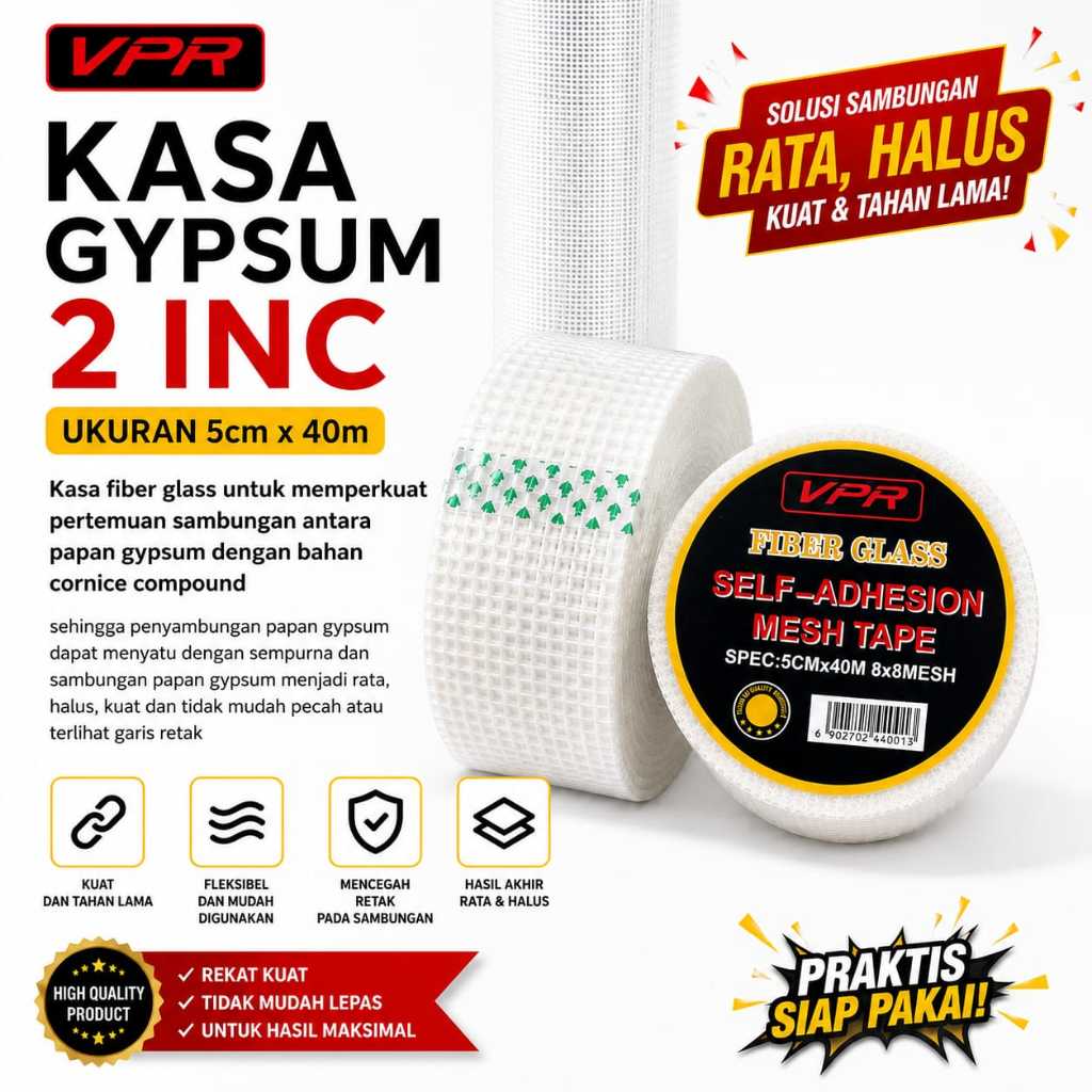 Kain Kasa Isolasi Lem Perekat 2 inch Fiber Glass Tape Gipsum Fiber Tape Gypsum Join Tape 2" inch 5cm