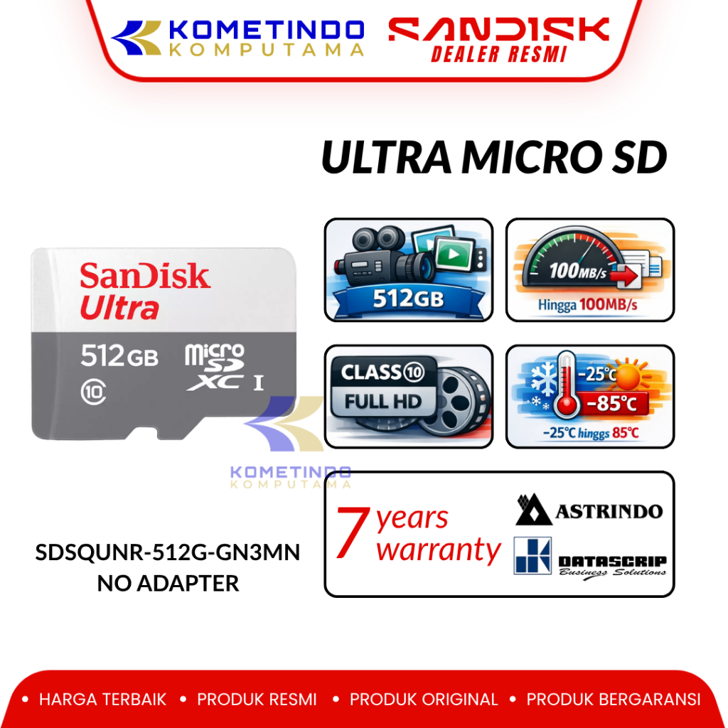 100MB/s R 512GB SANDISK ULTRA MICRO SDXC, SDSQUNR 512GB, C10, UHS-1,100MB/s R GARANSI RESMI SDSQUNR-