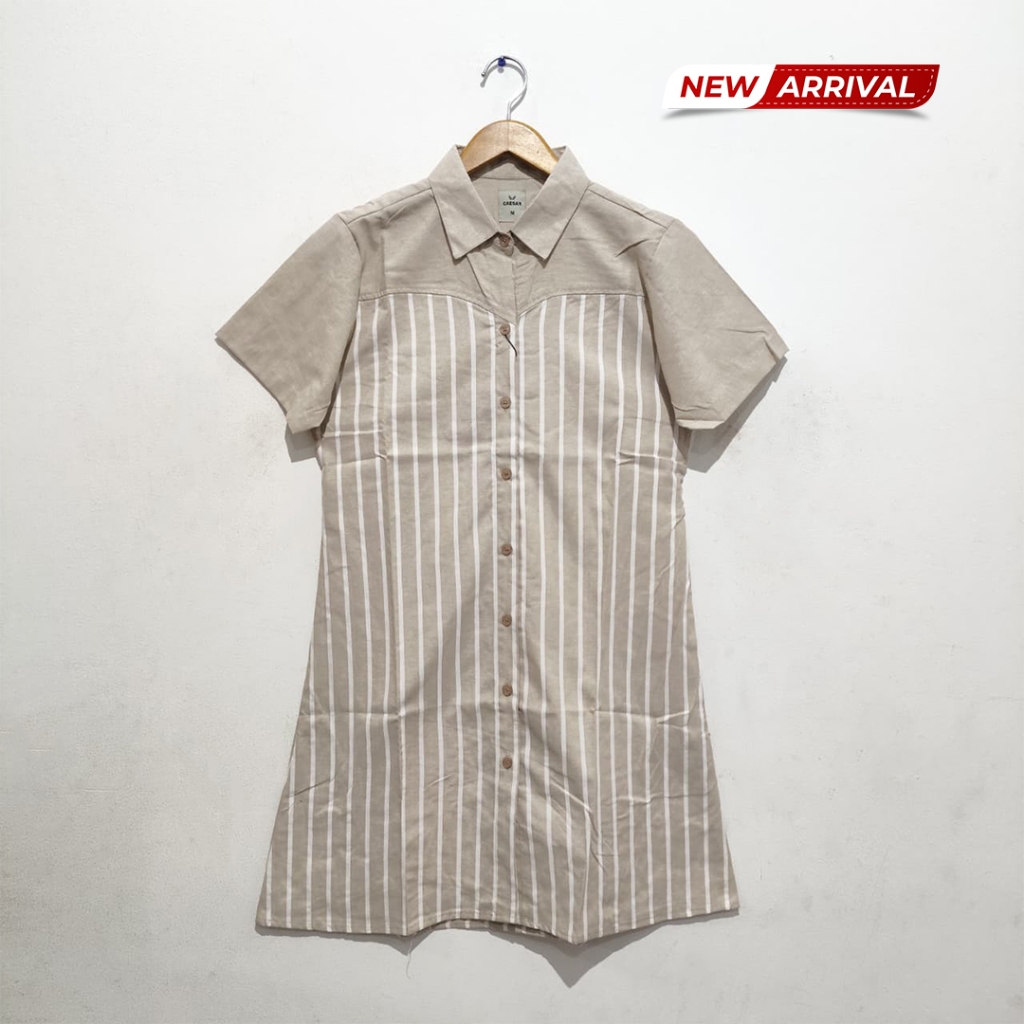 CAESAR LADIES Blouse Wanita Stripe Khaki Lengan Pendek Full Front Button |  Cotton