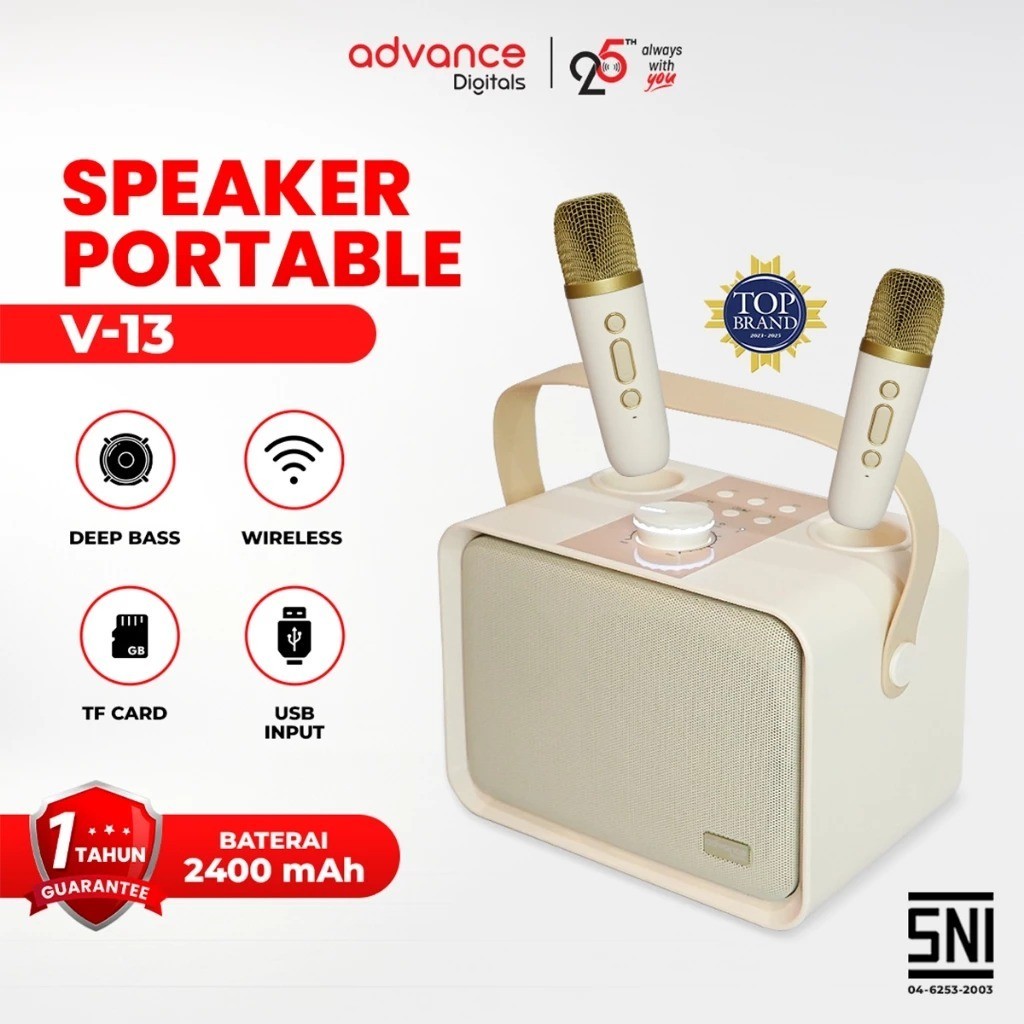 Advance V-13 Speaker Lampu Karaoke Bass Plus 2 Mic Wireless Bluetooth Speaker USB Speaker Komputer