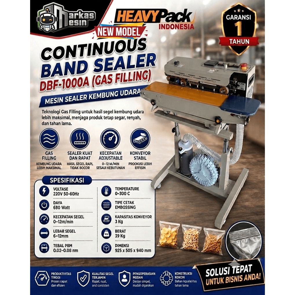 Continuous Band Sealer Mesin Seal isi Angin DBF-1000A DBF-1000/SF-150G HEAVYPACK