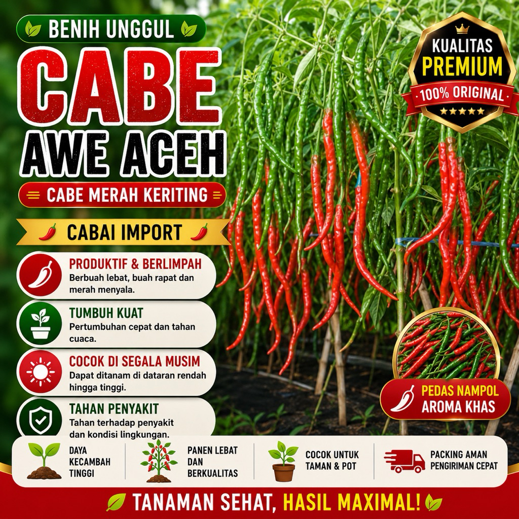 isi 25 Benih /Biji Cabe Awe Aceh  - Benih Cabe Merah Keriting Awe Aceh - Bibit Cabe Awe Aceh - CMK A