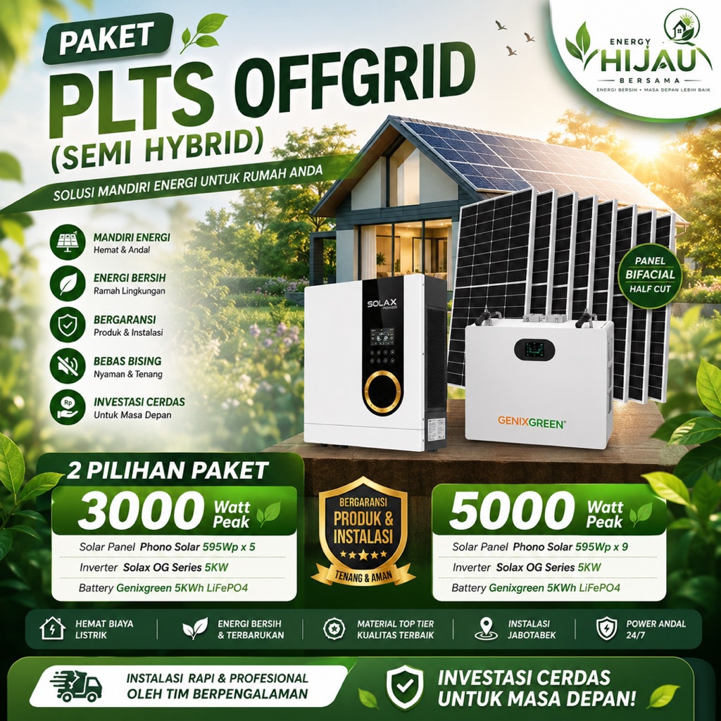 Paket PLTS Off-Grid (Semi Hybrid) 3000Wp & 5000Wp – Solusi Hemat Listrik untuk Rumah & Usaha Kecil