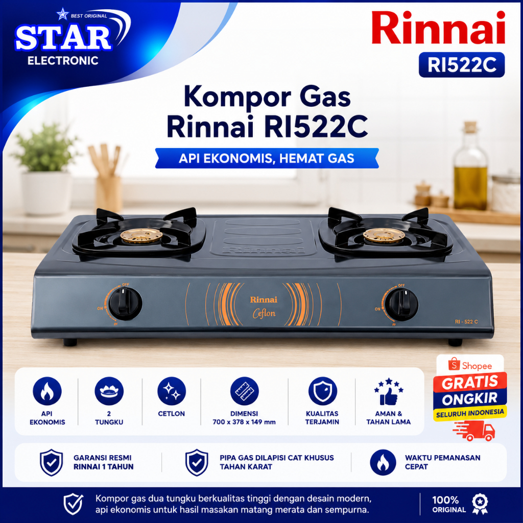 RINNAI KOMPOR GAS 2 TUNGKU RI522C/RI 522C/RI-522C/RI522C/RINNAI KOMPOR GAS 2 TUNGKU API EKONOMIS/ORI