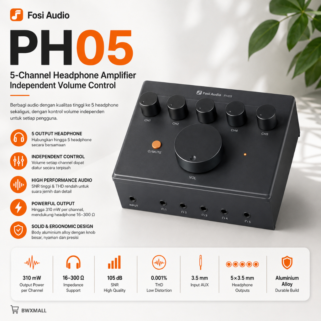 Amplifier Headphone Splitter 5 Channel PH05 Penguat Suara Headset Audio Splitter Kontrol Volume Terp