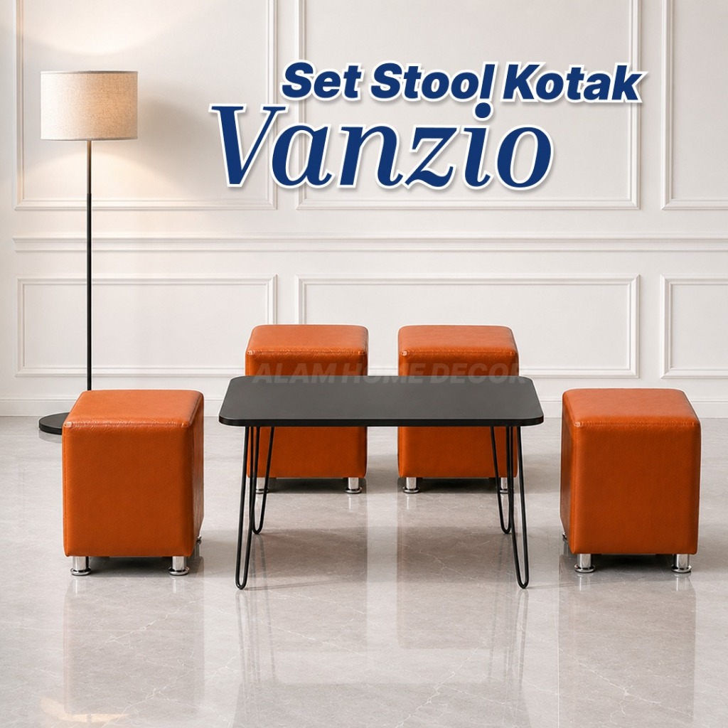 Set Stool Kotak Vanzio 4 Stool Kotak 1 Meja Panjang Bahan Vanza Oscar Minimalis Mewah Modern Elegan 
