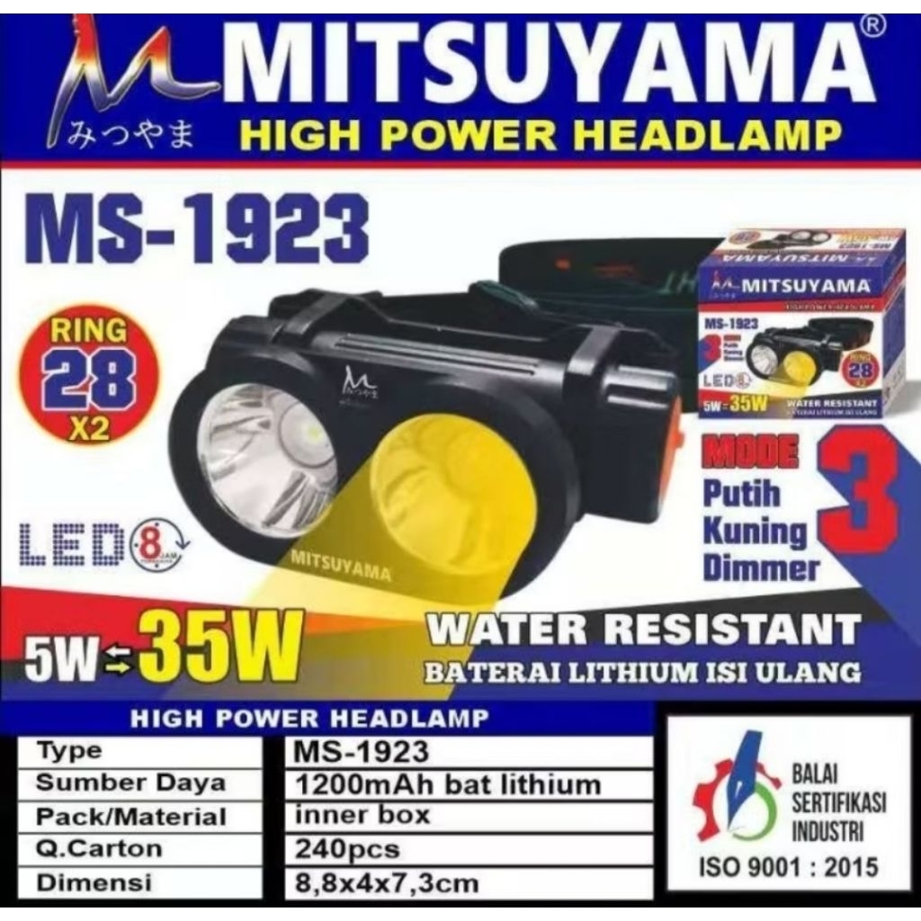Senter Kepala Putih Kuning Dimmer Cas Headlamp LED Mitsuyama MS-1923