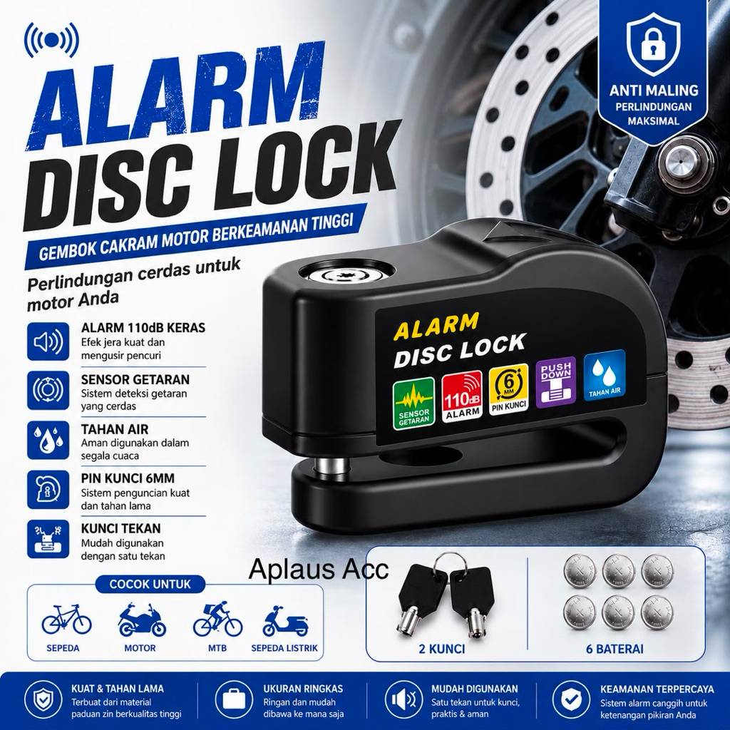(GROSIRAN) Gembok Alarm Cakram Motor Anti Maling 110dB Waterproof 110 Alarm Disc Lock Free 2 Kunci