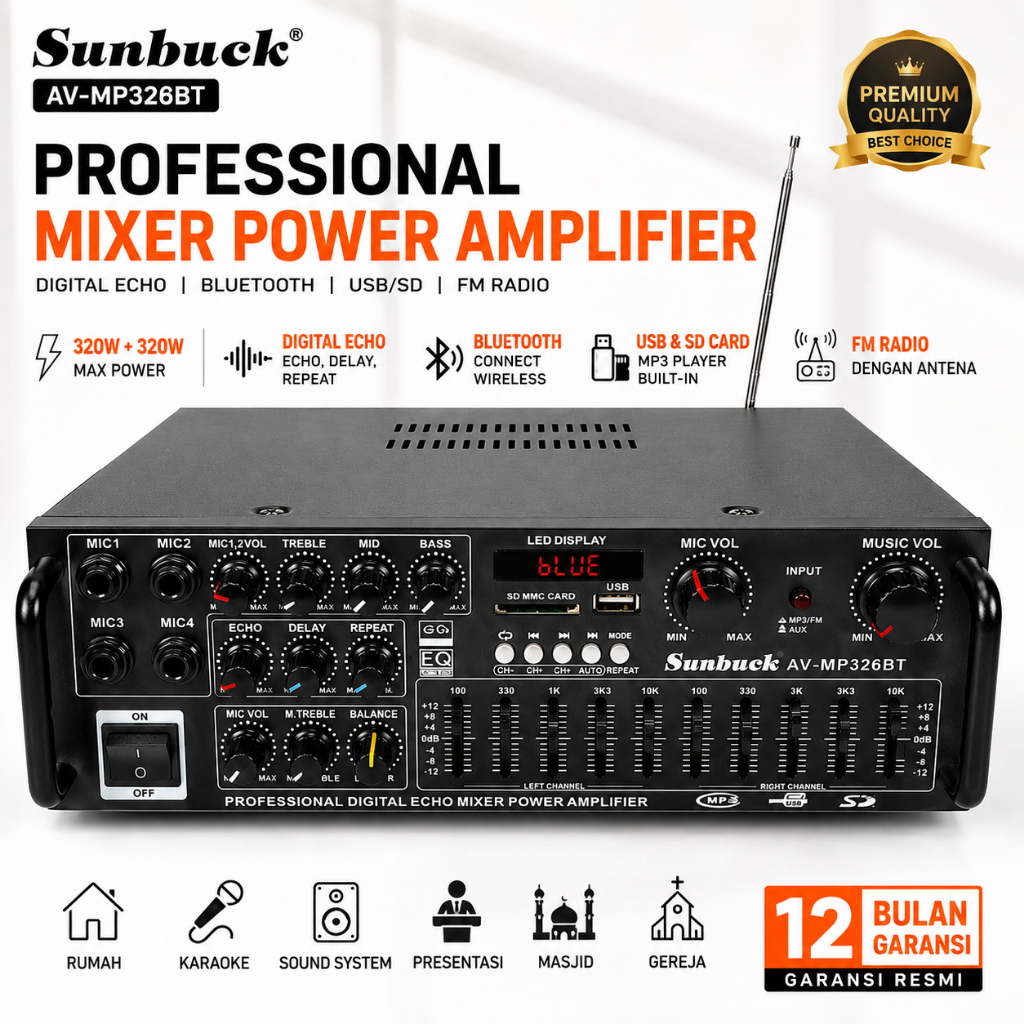 Sunbuck Power Amplifier Ampli 2000W Watt Bluetooth AV-326BT Murah