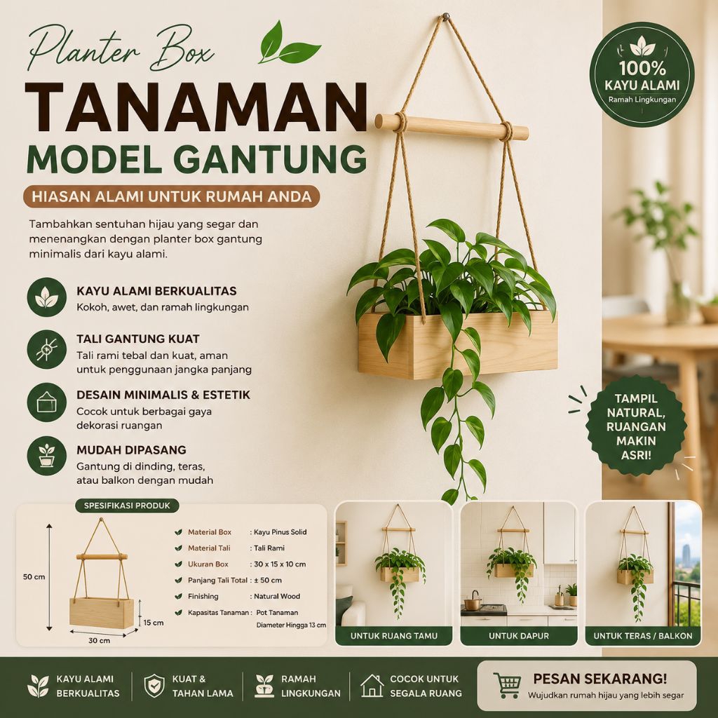 Planter Box Tanaman Kayu Aesthetic model gantung Planter Box Kayu Minimalis Ramah Lingkungan
