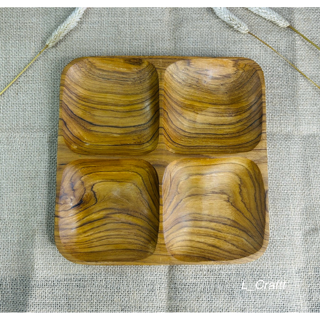 piring kayu/piring sekat 4 kotak/piring saji/piring makan anak/piring diet kayu jati 23cm