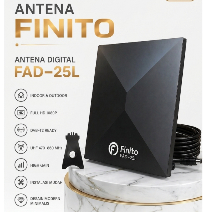 Antena Digital STB & TV Digital Finito FAD-25L Hitam, Full HD 1080P, DVB-T2 Ready, Indoor Outdoor, D
