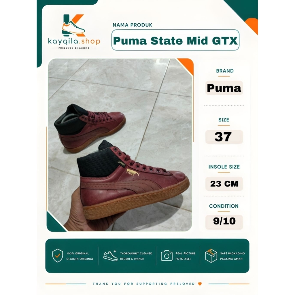 Sepatu Puma State Mid GTX Size 37 Preloved Second Original
