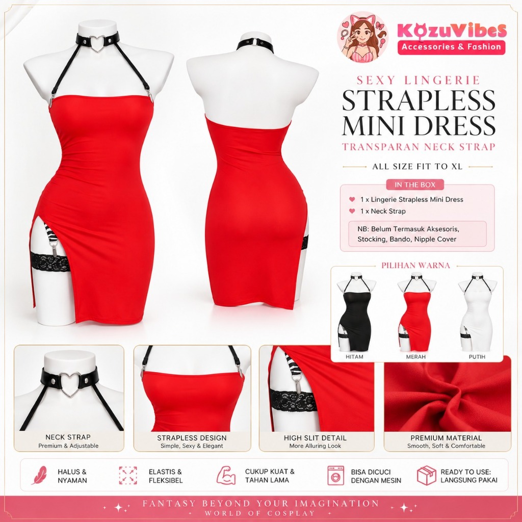 Kozuvibes Sexy Lingerie Strapless Mini Dress Transparan Neck Strap