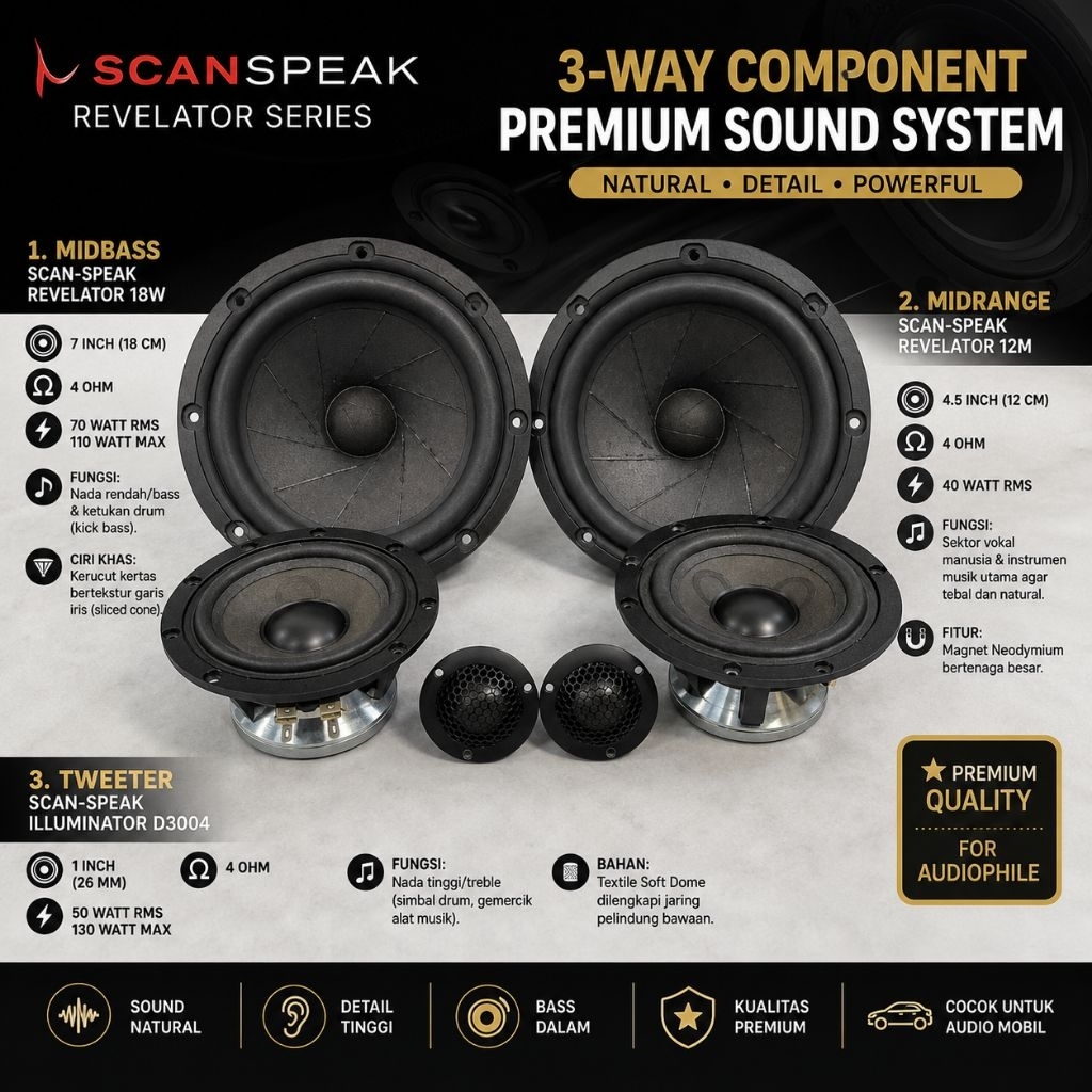 speaker mobil 3-way high-end dari merek asal Denmark, Scan-Speak (secound like new)