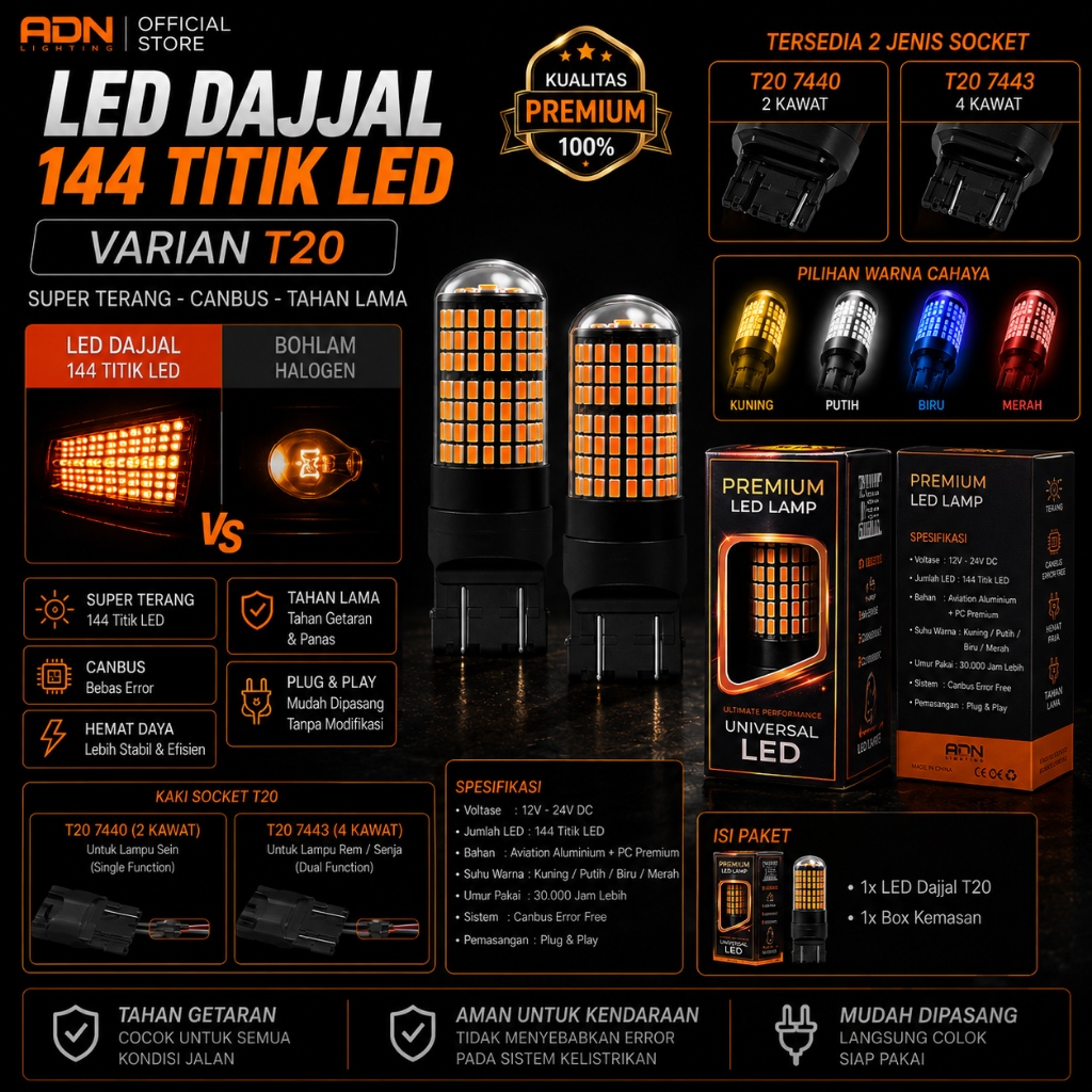 Lampu LED 7443 7440 T20 144 smd 3014 Sein Rem Senja | No Hyper Flash BERGARANSI