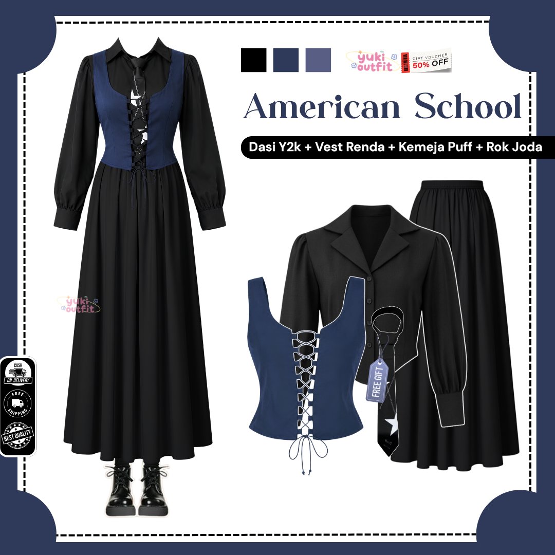 Outfit Foto Yearbook American School ( Kemeja, Vest, Dasi, Rok Joda ) Fashion Yearbook Trend - N215
