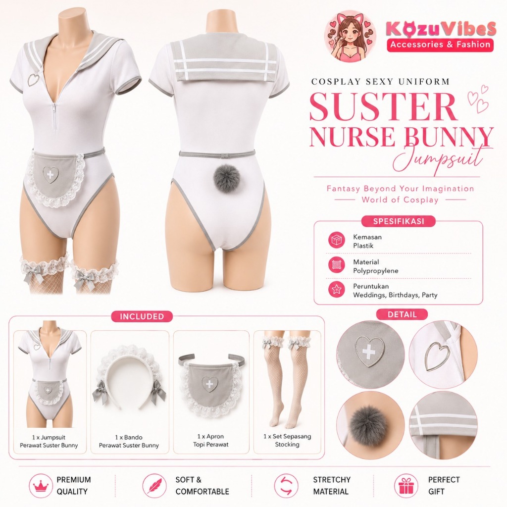 Kozuvibes Cosplay Sexy Uniform Seragam Suster Nurse Bunny Jumpsuit