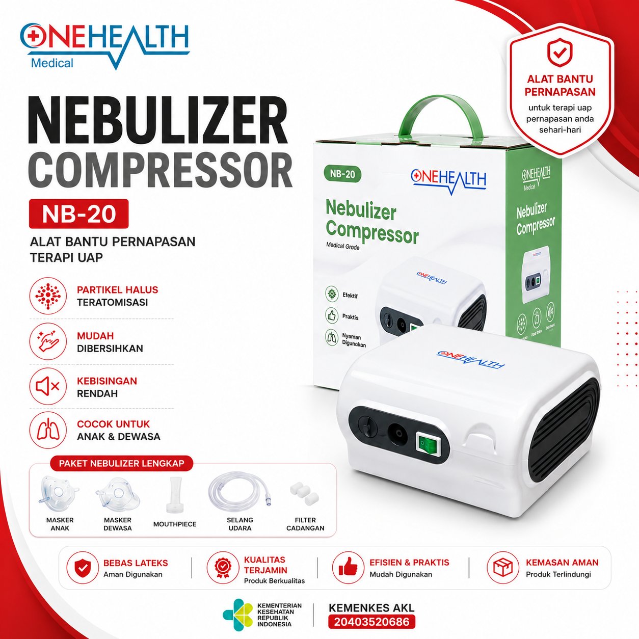 Nebulizer Compressor NB-20 OneHealth Alat Uap Inhaler Asma Alat Pernapasan Nebul Terapi Anak Dewasa 