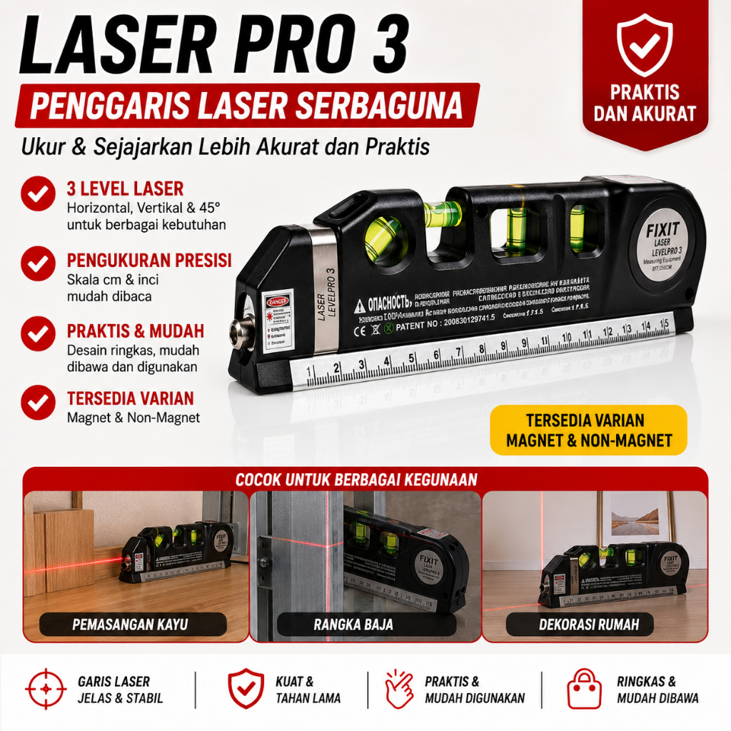 Laser Pro 3 Penggaris Laser Serbaguna Waterpass Meteran Magnet & Non Magnet