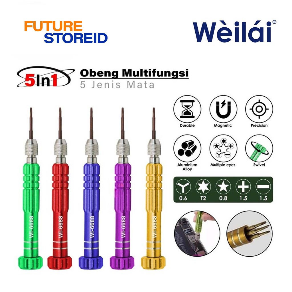 WEILAI Wi-6688 Obeng Set Magnet 5In1 - Obeng Handphone Android IP