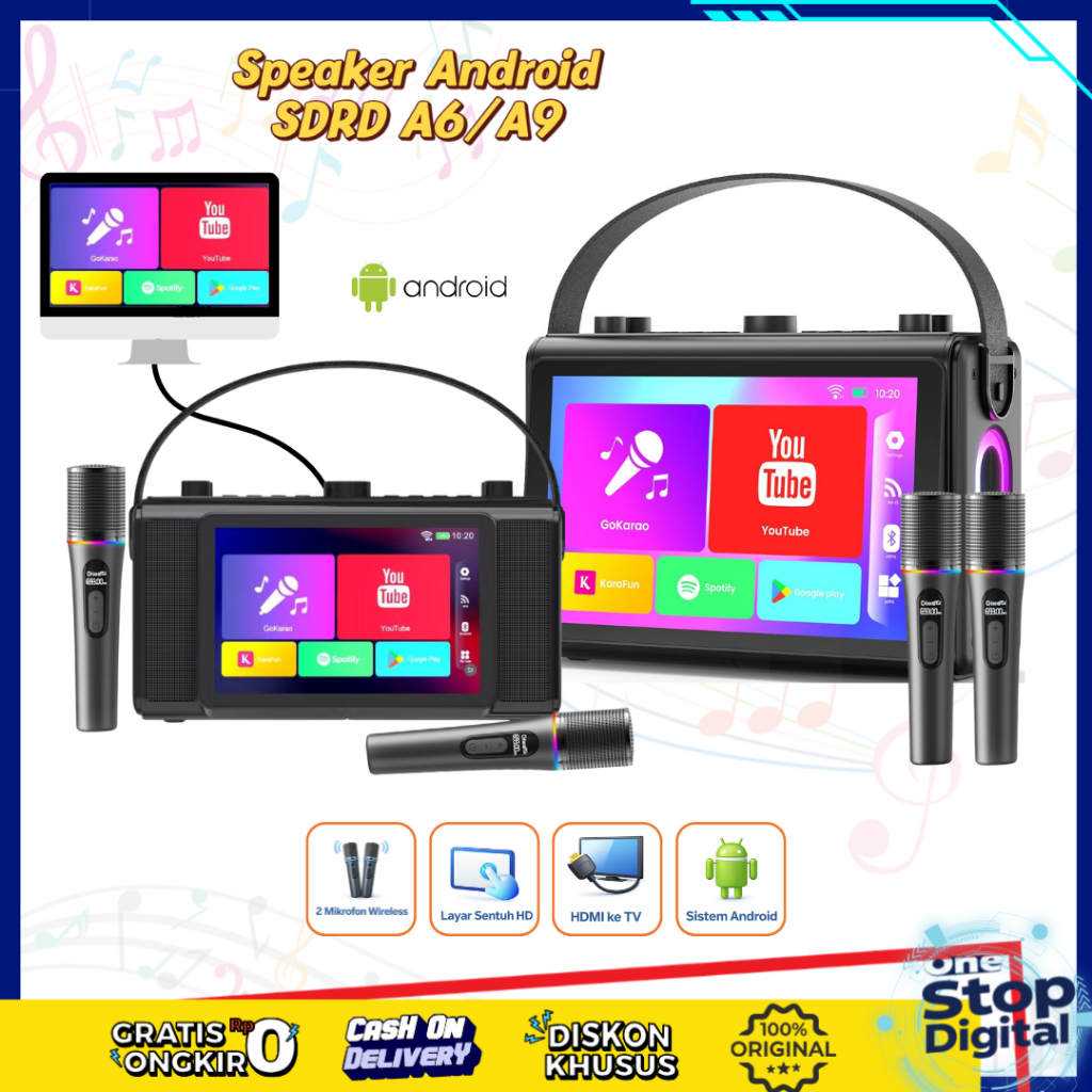 Speaker Karaoke Android SDRD A9 / A6 Touchreen Dual Mic Wireless HDMI ke TV Bass Optimal RGB LED