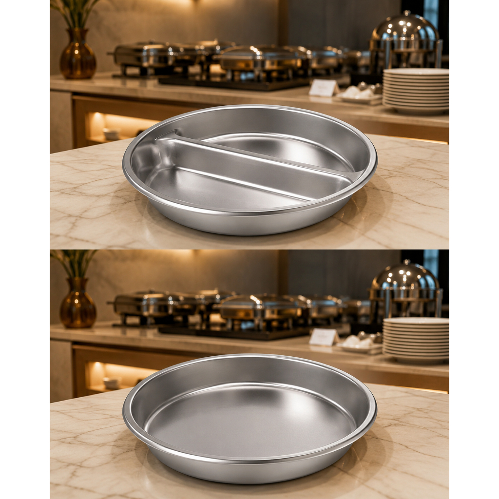 Food Pan Stainless Food Grade Bulat Sekat Dua – Tempat Makanan Prasmanan Hotel & Katering